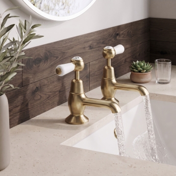 Delphi Windsor Lever Brushed Brass Basin Hot and Cold Taps Pair | Product Image