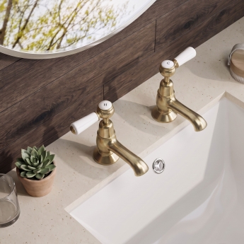 Delphi Windsor Lever Brushed Brass Basin Hot and Cold Taps Pair | Product Image