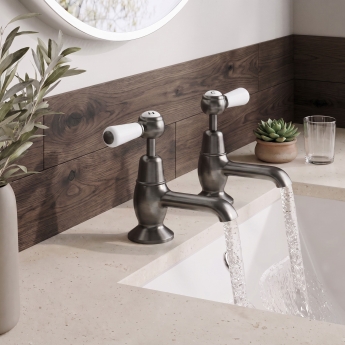 Delphi Windsor Lever Brushed Pewter Basin Hot and Cold Taps Pair | Product Image
