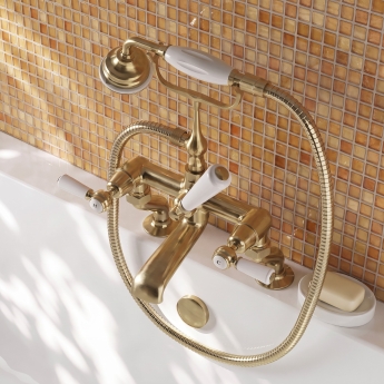 Delphi Windsor Lever Brushed Brass Pillar Mounted Bath Shower Mixer Tap | Product Image