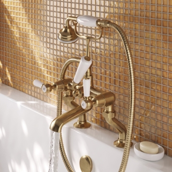 Delphi Windsor Lever Brushed Brass Pillar Mounted Bath Shower Mixer Tap | Product Image