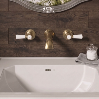 Delphi Windsor Lever Brushed Brass 3-Hole Wall Mounted Basin Mixer Tap | Product Image