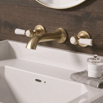 Delphi Windsor Lever Brushed Brass 3-Hole Wall Mounted Basin Mixer Tap | Product Image