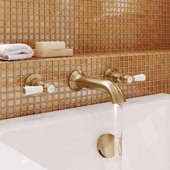 Delphi Windsor Lever Brushed Brass 3-Hole Wall Mounted Bath Filler Tap | Product Image