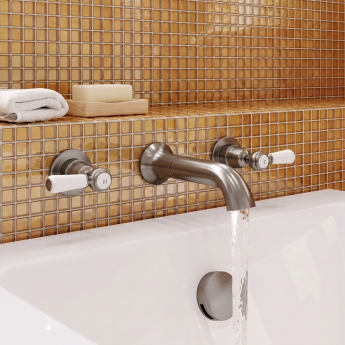 Delphi Windsor Lever Brushed Pewter 3-Hole Wall Mounted Bath Filler Tap | Product Image