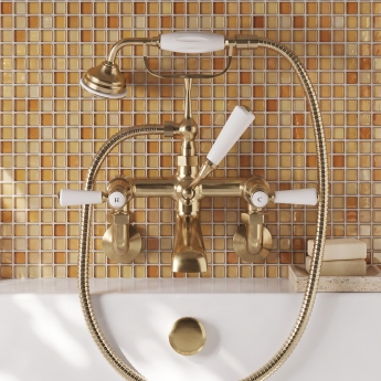 Delphi Windsor Lever Brushed Brass Wall Mounted Bath Shower Mixer Tap | Product Image
