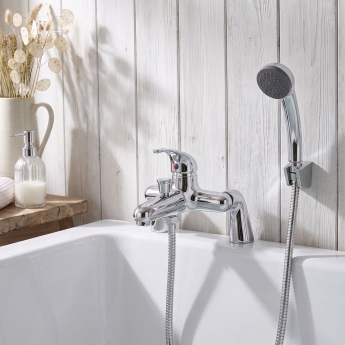 Duchy Ansom Chrome Pillar Mounted Bath Shower Tap (inc Bracket, Handset and Hose) | Product Image