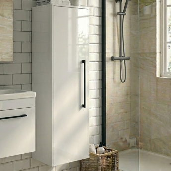 Duravit D-Code 400mm 1-Door Left Hand Opening Tall Unit with Black Handle - Gloss White | Product Image