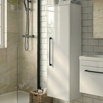 Duravit D-Code 400mm 1-Door Right Hand Opening Tall Unit with Black Handle - Gloss White | Product Image