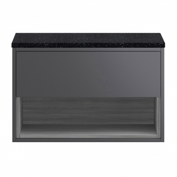 Hudson Reed Coast Wall Hung 1-Drawer Vanity Unit with Sparkling Black Worktop 800mm Wide - Gloss Grey / Anthracite Woodgrain