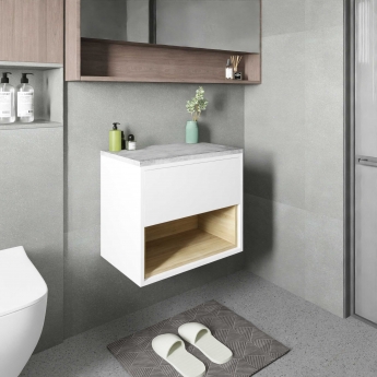 Hudson Reed Coast Wall Hung 1-Drawer Vanity Unit with Grey Worktop 600mm Wide - Gloss White