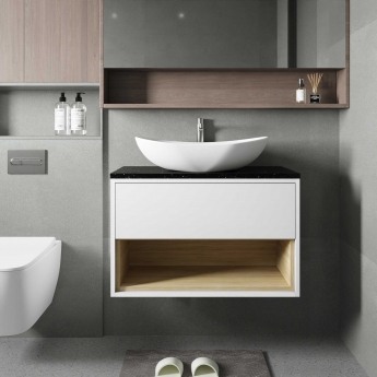 Hudson Reed Coast Wall Hung 1-Drawer Vanity Unit with Grey Worktop 800mm Wide - Gloss White