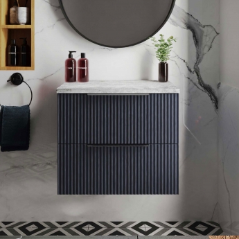 Hudson Reed Fluted Wall Hung 2-Drawer Vanity Unit with Ballato Grey Worktop 600mm Wide - Satin Anthracite