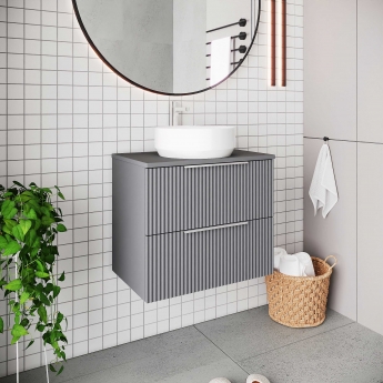 Hudson Reed Fluted Wall Hung 2-Drawer Vanity Unit with Sparkling White Worktop 600mm Wide - Satin Grey