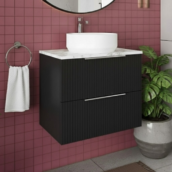 Hudson Reed Fluted Wall Hung 2-Drawer Vanity Unit with Carrera Marble Worktop 600mm Wide - Satin Anthracite | Product Image