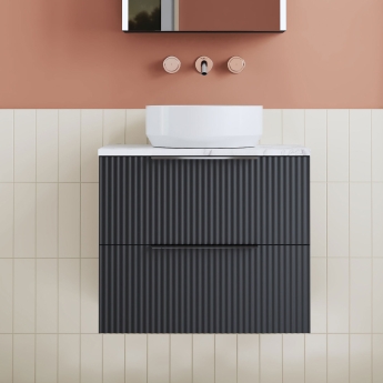 Hudson Reed Fluted Wall Hung 2-Drawer Vanity Unit with Carrara Marble Worktop 600mm Wide - Satin Anthracite | Product Image
