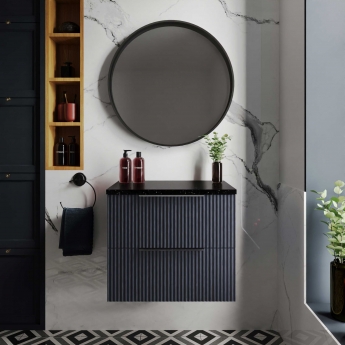 Hudson Reed Fluted Wall Hung 2-Drawer Vanity Unit with Sparkling Black Worktop 600mm Wide - Satin Anthracite