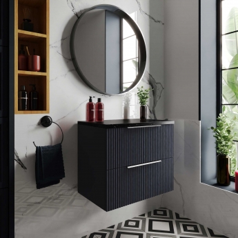 Hudson Reed Fluted Wall Hung 2-Drawer Vanity Unit with Sparkling Black Worktop 600mm Wide - Satin Anthracite