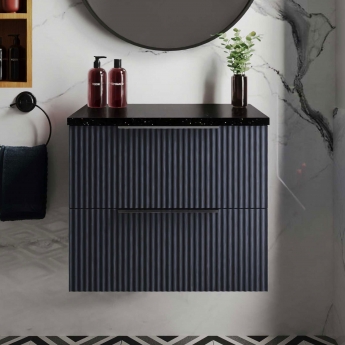 Hudson Reed Fluted Wall Hung 2-Drawer Vanity Unit with Sparkling Black Worktop 600mm Wide - Satin Anthracite