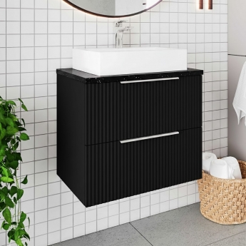 Hudson Reed Fluted Wall Hung 2-Drawer Vanity Unit with Sparkling Black Worktop 600mm Wide - Satin Anthracite