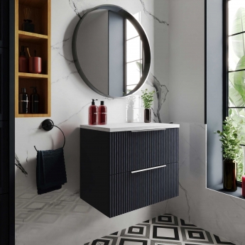Hudson Reed Fluted Wall Hung 2-Drawer Vanity Unit with Sparkling White Worktop 600mm Wide - Satin Anthracite