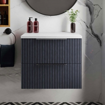 Hudson Reed Fluted Wall Hung 2-Drawer Vanity Unit with Sparkling White Worktop 600mm Wide - Satin Anthracite
