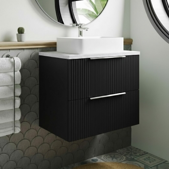Hudson Reed Fluted Wall Hung 2-Drawer Vanity Unit with Sparkling White Worktop 600mm Wide - Satin Anthracite