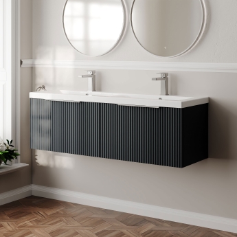 Hudson Reed Fluted Wall Hung 2-Drawer Vanity Unit with Double Ceramic Basin 1200mm Wide - Satin Anthracite | Product Image
