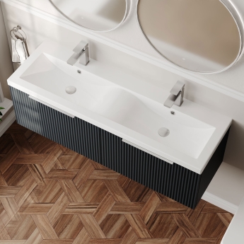 Hudson Reed Fluted Wall Hung 2-Drawer Vanity Unit with Double Ceramic Basin 1200mm Wide - Satin Anthracite | Product Image
