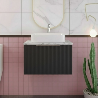 Hudson Reed Fluted Wall Hung 1-Drawer Vanity Unit with Carrera Marble Worktop 600mm Wide - Satin Anthracite | Product Image