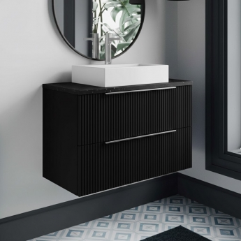 Hudson Reed Fluted Wall Hung 2-Drawer Vanity Unit with Sparkling Black Worktop 800mm Wide - Satin Anthracite