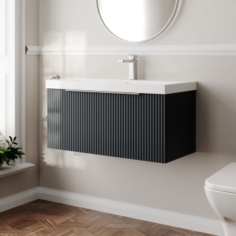 Hudson Reed Fluted Wall Hung 1-Drawer Vanity Unit with Basin 3 800mm Wide - Satin Anthracite | Product Image