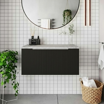Hudson Reed Fluted Wall Hung 1-Drawer Vanity Unit with Ballato Grey Worktop 800mm Wide - Satin Anthracite