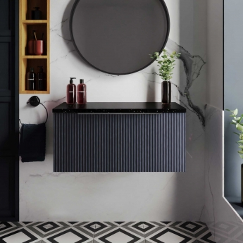 Hudson Reed Fluted Wall Hung 1-Drawer Vanity Unit with Sparkling Black Worktop 800mm Wide - Satin Anthracite