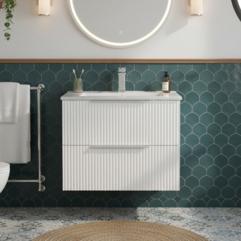 Hudson Reed Fluted Wall Hung 2-Drawer Vanity Unit with Basin 2 600mm Wide - Satin White