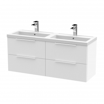 Hudson Reed Fluted Wall Hung 4-Drawer Vanity Unit with Double Polymarble Basin 1200mm Wide - Satin White