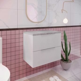 Hudson Reed Fluted Wall Hung 2-Drawer Vanity Unit with Bellato Grey Worktop 600mm Wide - Satin White