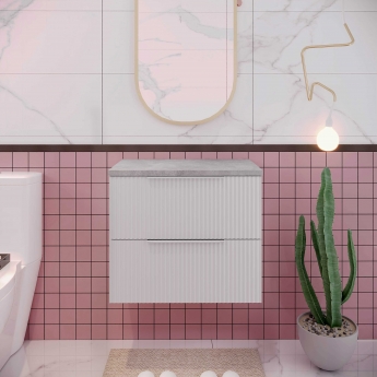 Hudson Reed Fluted Wall Hung 2-Drawer Vanity Unit with Bellato Grey Worktop 600mm Wide - Satin White