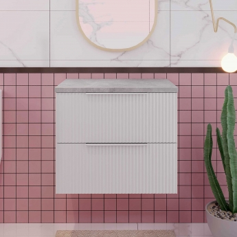 Hudson Reed Fluted Wall Hung 2-Drawer Vanity Unit with Bellato Grey Worktop 600mm Wide - Satin White