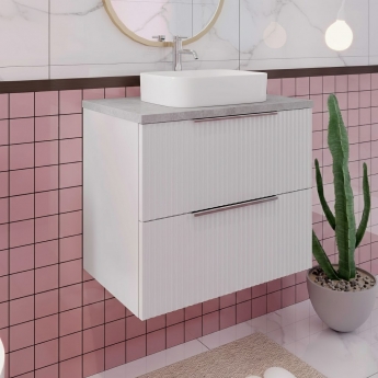 Hudson Reed Fluted Wall Hung 2-Drawer Vanity Unit with Bellato Grey Worktop 600mm Wide - Satin White