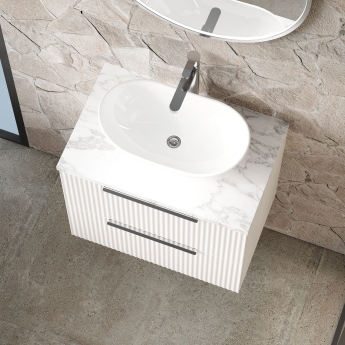Hudson Reed Fluted Wall Hung 2-Drawer Vanity Unit with Carrara Marble Worktop 600mm Wide - Satin White | Product Image