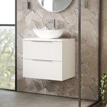 Hudson Reed Fluted Wall Hung 2-Drawer Vanity Unit with Carrara Marble Worktop 600mm Wide - Satin White | Product Image
