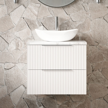Hudson Reed Fluted Wall Hung 2-Drawer Vanity Unit with Carrara Marble Worktop 600mm Wide - Satin White | Product Image