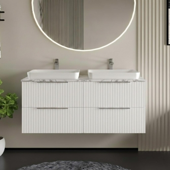 Hudson Reed Fluted Wall Hung 4-Drawer Vanity Unit with Carrera Marble Worktop 1200mm Wide - Satin White | Product Image