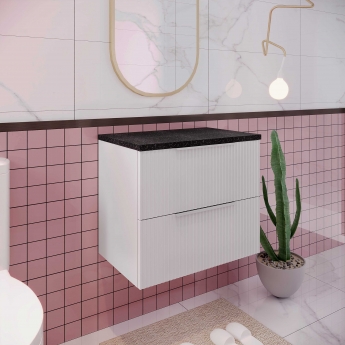 Hudson Reed Fluted Wall Hung 2-Drawer Vanity Unit with Sparkling Black Worktop 600mm Wide - Satin White