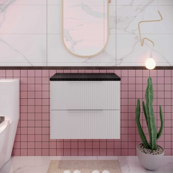 Hudson Reed Fluted Wall Hung 2-Drawer Vanity Unit with Sparkling Black Worktop 600mm Wide - Satin White