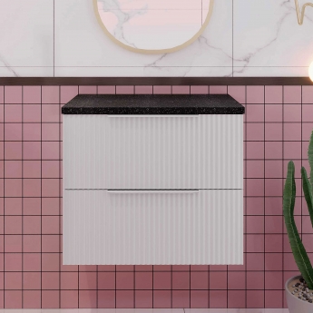 Hudson Reed Fluted Wall Hung 2-Drawer Vanity Unit with Sparkling Black Worktop 600mm Wide - Satin White