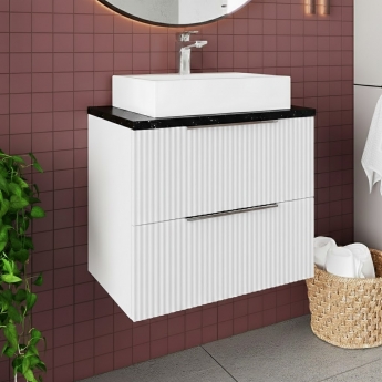 Hudson Reed Fluted Wall Hung 2-Drawer Vanity Unit with Sparkling Black Worktop 600mm Wide - Satin White