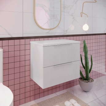 Hudson Reed Fluted Wall Hung 2-Drawer Vanity Unit with Sparkling White Worktop 600mm Wide - Satin White