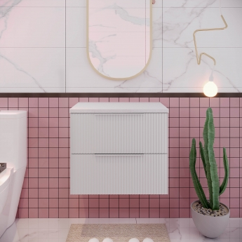 Hudson Reed Fluted Wall Hung 2-Drawer Vanity Unit with Sparkling White Worktop 600mm Wide - Satin White